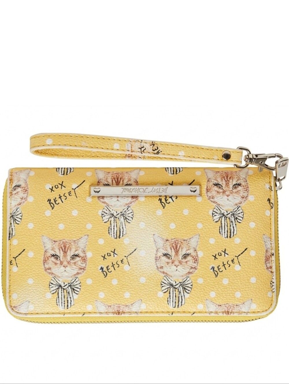 Betsey Johnson Yellow Kitty Cat Print Wristlet with Polka Dots